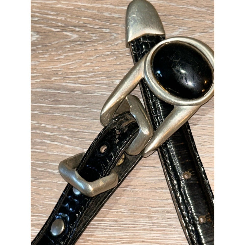 vintage C'IA Accessories black leather ranger-style belt onyx and silver-tone MD